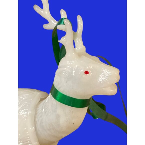 Vintage White Deer Bobblehead Figurines With Green Ribbons & Red Eyes - Picture 4 of 7